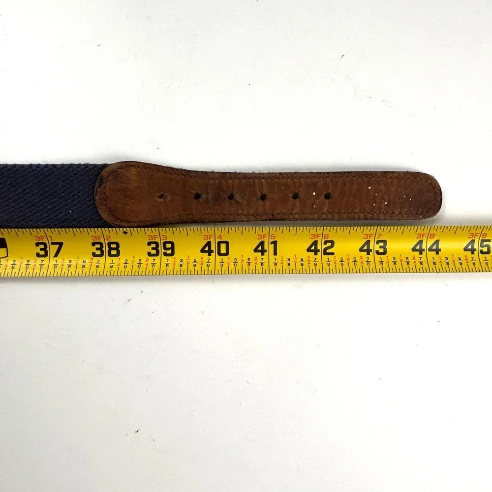 Woven Belt Mens 40‎ Navy Blue Good Leather Trim Brass Buckle Webbing